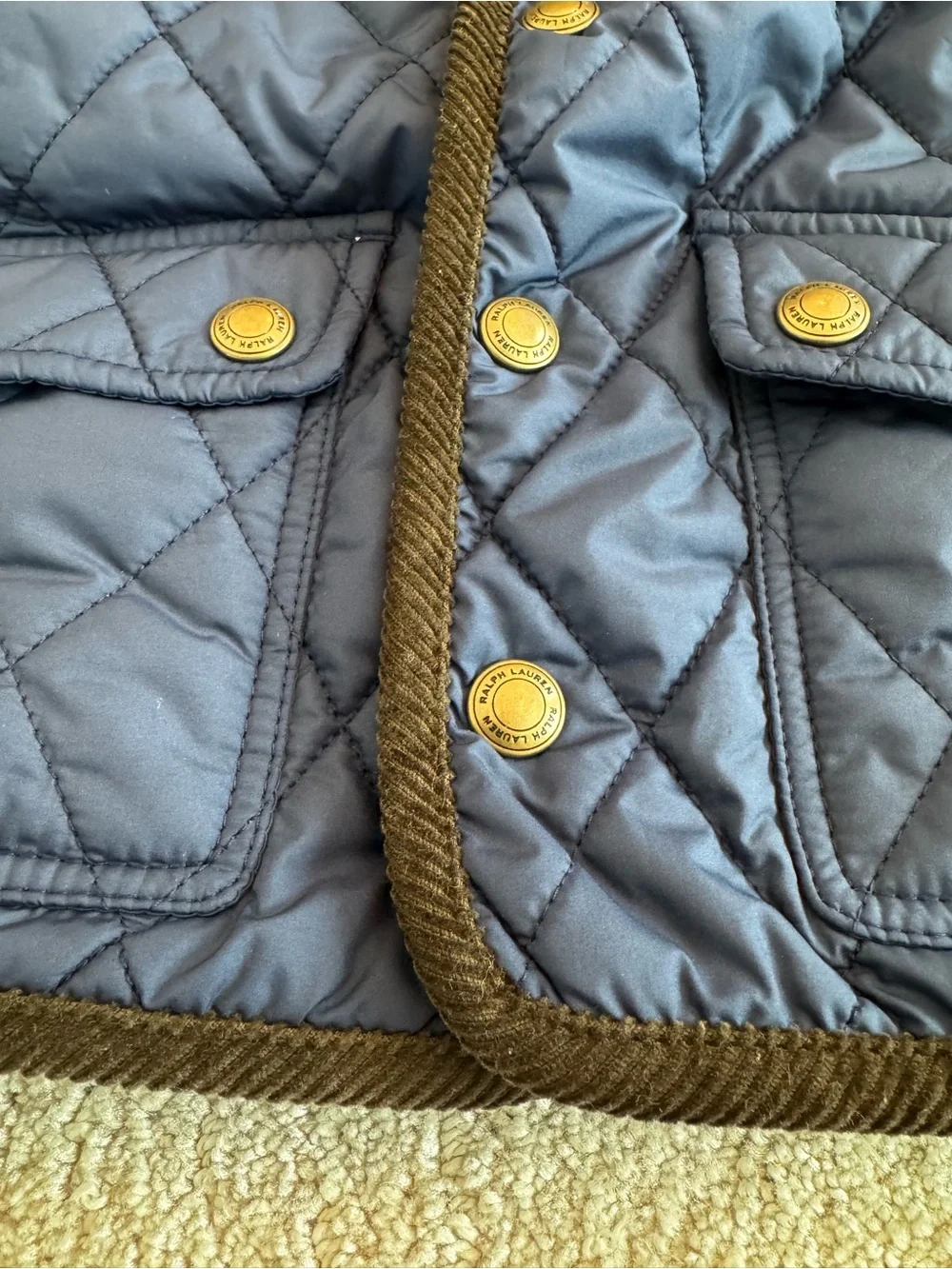 Like New - Ralph Lauren Quilted Navy Hooded Puffer with Corduroy Trim